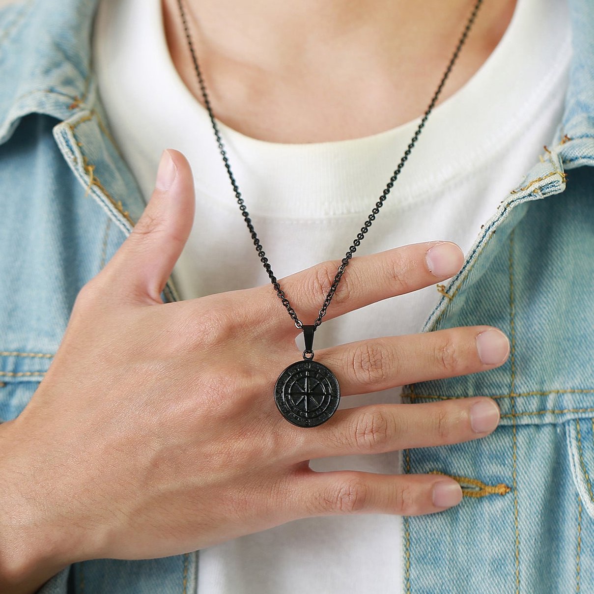 MINIMALIST COMPASS STAINLESS STEEL PENDANT & 3MM BLACK CHAIN