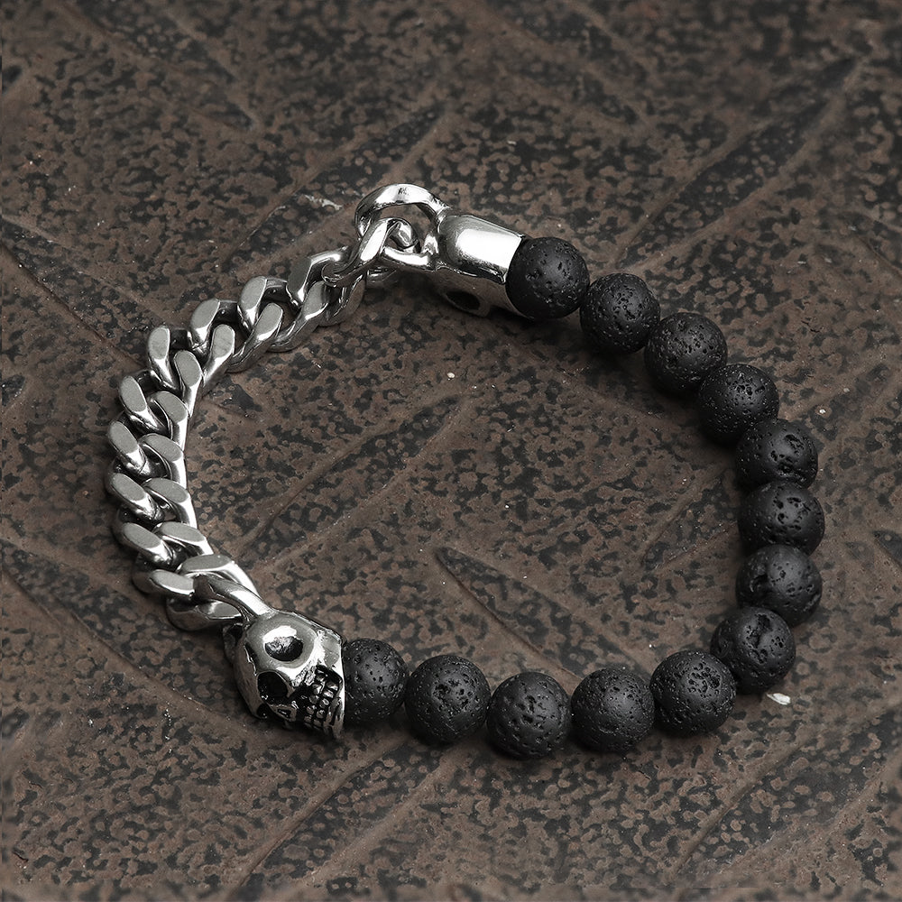 CUBAN CHAIN AND VOLCANIC ROCK SKULL BRACELET