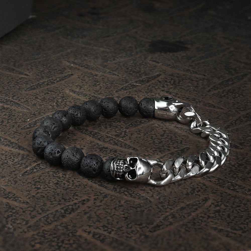 CUBAN CHAIN AND VOLCANIC ROCK SKULL BRACELET