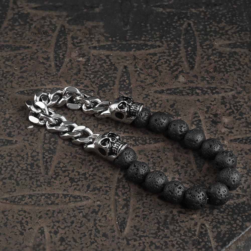 CUBAN CHAIN AND VOLCANIC ROCK SKULL BRACELET