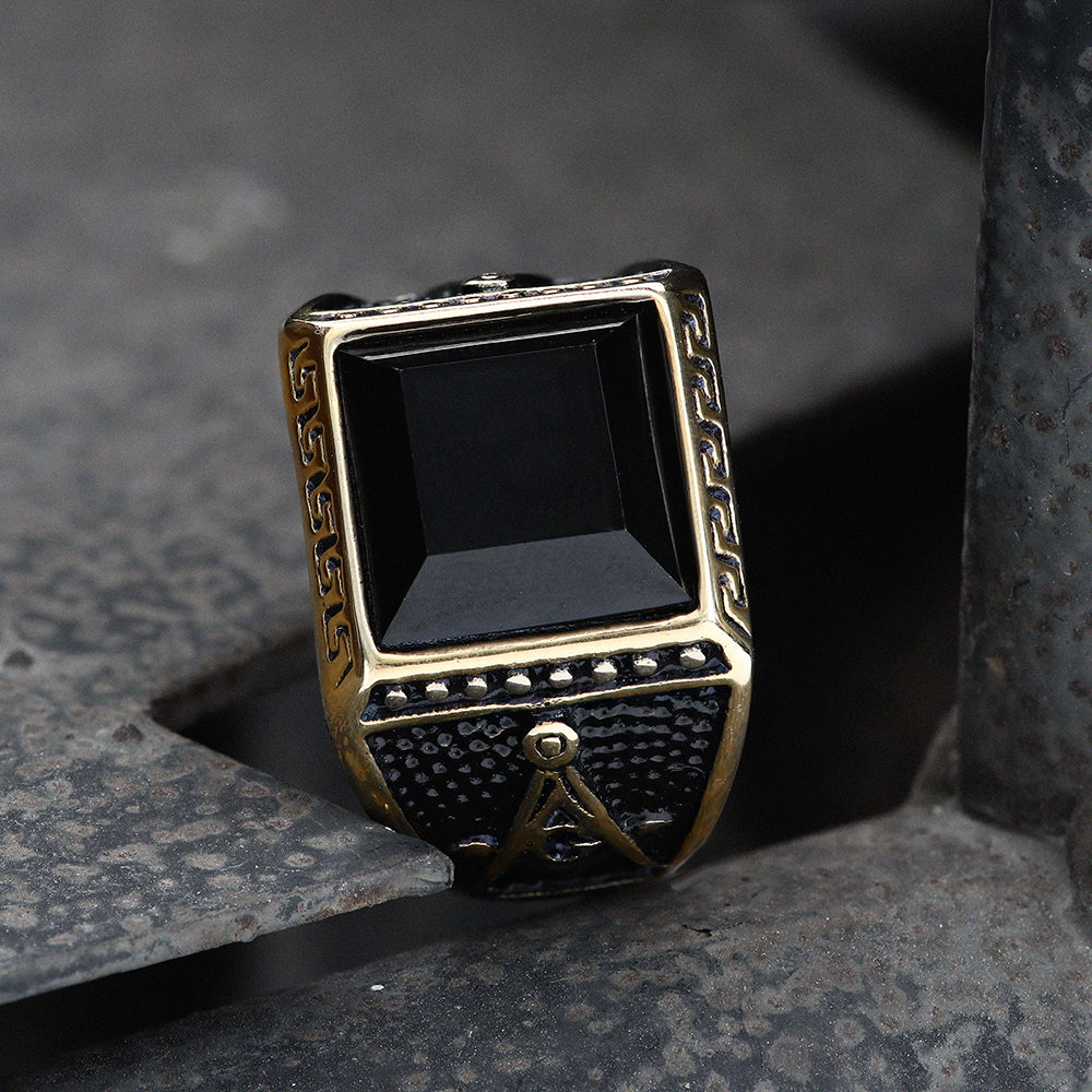 BLACK GEMSTONE STAINLESS STEEL MASONIC RING