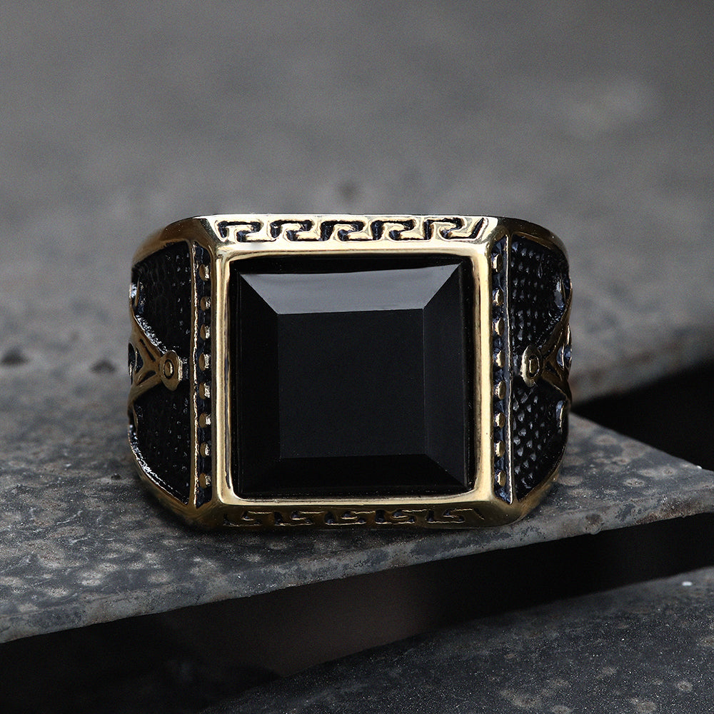 BLACK GEMSTONE STAINLESS STEEL MASONIC RING