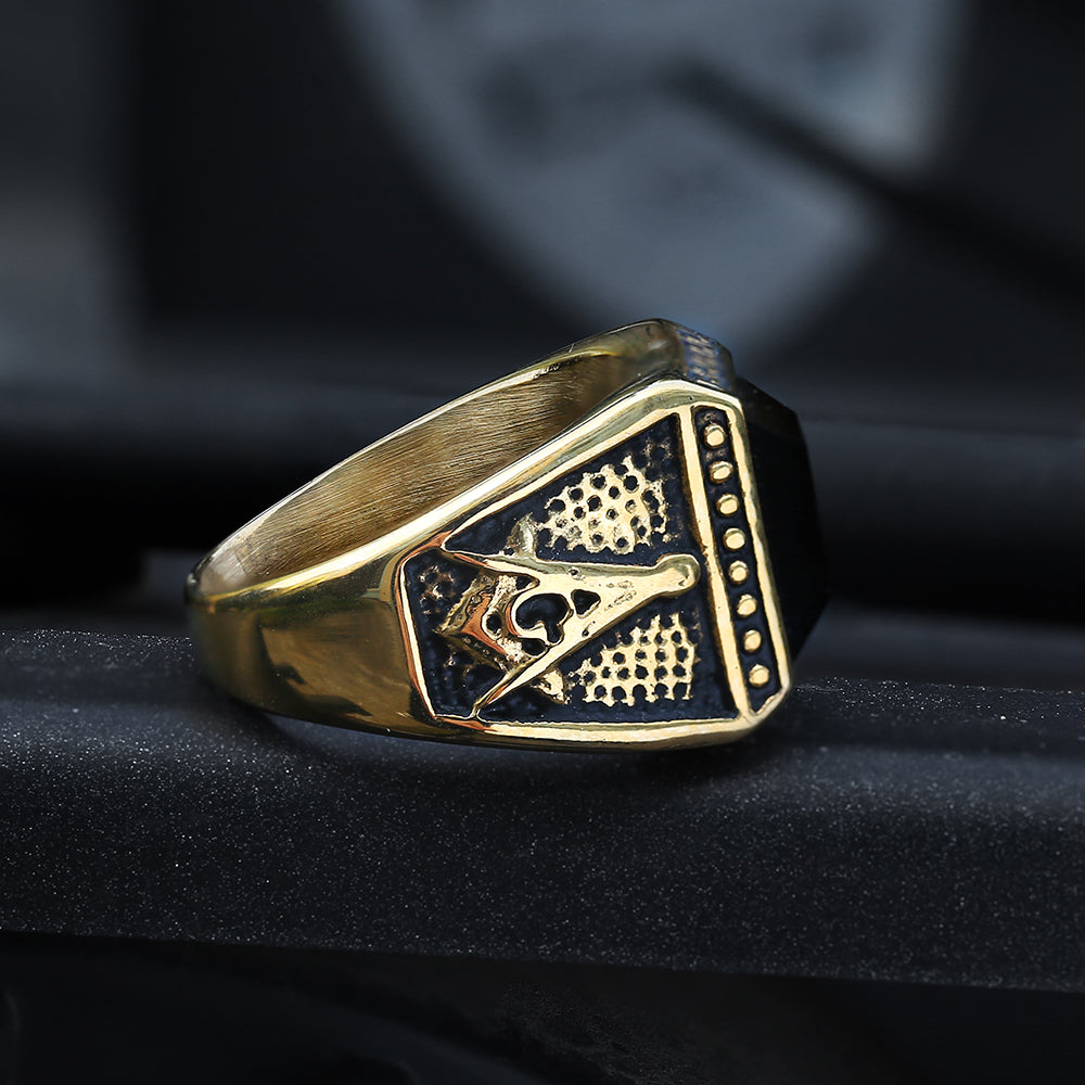 BLACK GEMSTONE STAINLESS STEEL MASONIC RING